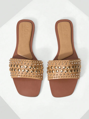 MOTF PREMIUM SQUARE TOE CONTRAST TRIM STUDDED FLAT SANDALS