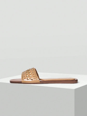 MOTF PREMIUM SQUARE TOE CONTRAST TRIM STUDDED FLAT SANDALS