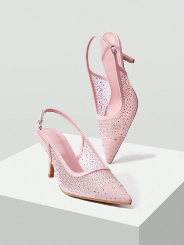 MOTF PREMIUM WOMEN'S FASHION MESH RHINESTONE BACKLESS POINTED TOE HIGH HEEL