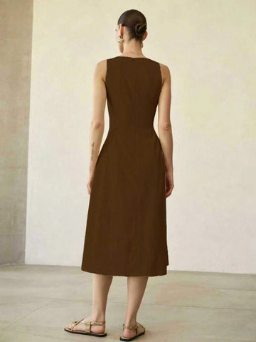 MOTF PREMIUM SOLID SLEEVELESS SLANT POCKET DRESS