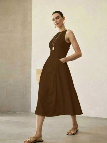MOTF PREMIUM SOLID SLEEVELESS SLANT POCKET DRESS