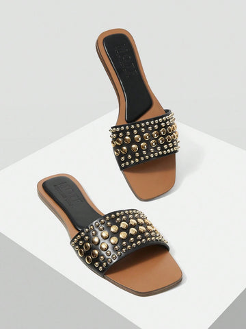 MOTF PREMIUM SQUARE TOE CONTRAST TRIM STUDDED FLAT SANDALS