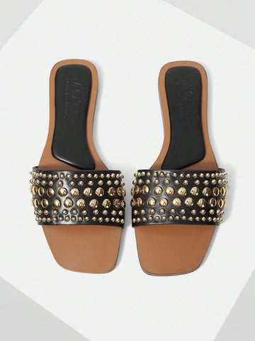 MOTF PREMIUM SQUARE TOE CONTRAST TRIM STUDDED FLAT SANDALS