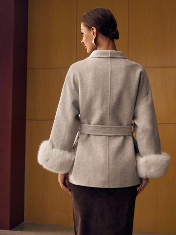 MOTF PREMIUM WOOL BELTED CONTRAST FAUX FUR OVERCOAT