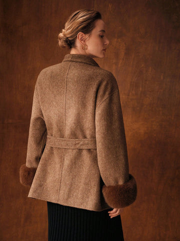 MOTF PREMIUM WOOL BELTED CONTRAST FAUX FUR OVERCOAT