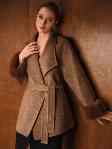 MOTF PREMIUM WOOL BELTED CONTRAST FAUX FUR OVERCOAT