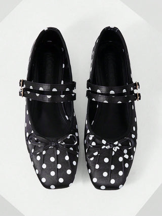 BOW DECOR DOUBLE BUCKLE STRAPS BALLET FLATS