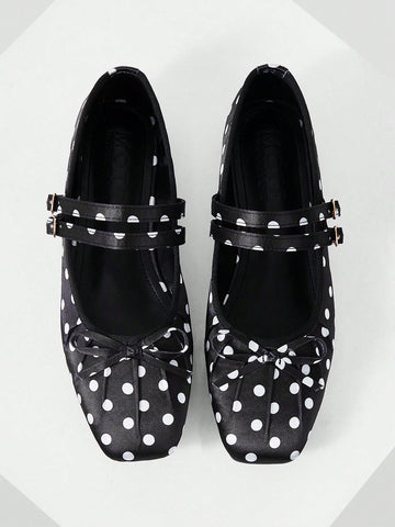 BOW DECOR DOUBLE BUCKLE STRAPS BALLET FLATS