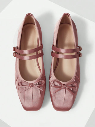 BOW DECOR DOUBLE BUCKLE STRAPS BALLET FLATS