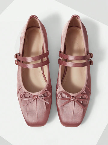 BOW DECOR DOUBLE BUCKLE STRAPS BALLET FLATS