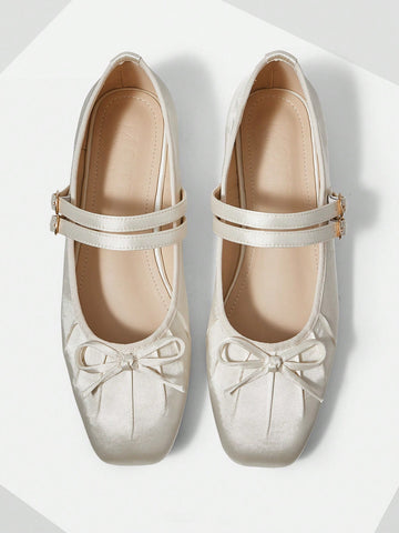 BOW DECOR DOUBLE BUCKLE STRAPS BALLET FLATS