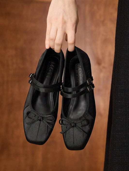 BOW DECOR DOUBLE BUCKLE STRAPS BALLET FLATS