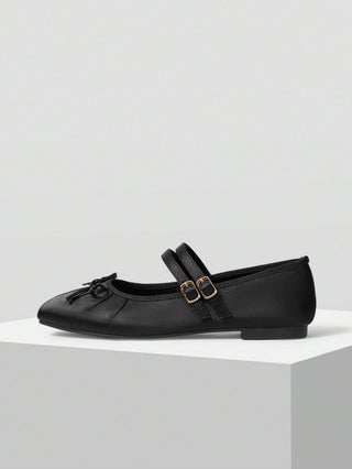 BOW DECOR DOUBLE BUCKLE STRAPS BALLET FLATS