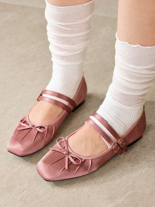 BOW DECOR DOUBLE BUCKLE STRAPS BALLET FLATS