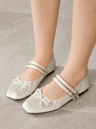 BOW DECOR DOUBLE BUCKLE STRAPS BALLET FLATS
