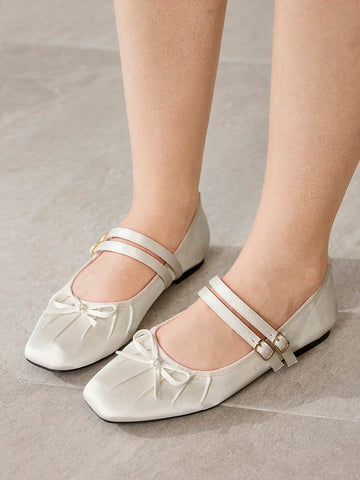 BOW DECOR DOUBLE BUCKLE STRAPS BALLET FLATS
