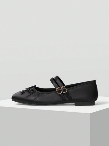 BOW DECOR DOUBLE BUCKLE STRAPS BALLET FLATS