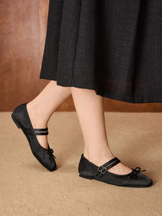 BOW DECOR DOUBLE BUCKLE STRAPS BALLET FLATS