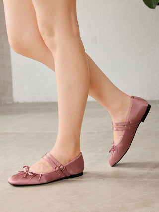 BOW DECOR DOUBLE BUCKLE STRAPS BALLET FLATS