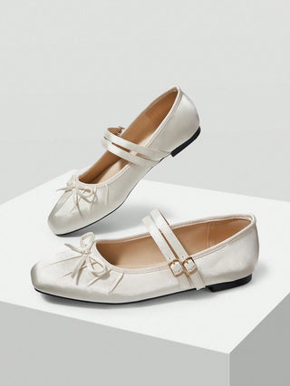 BOW DECOR DOUBLE BUCKLE STRAPS BALLET FLATS