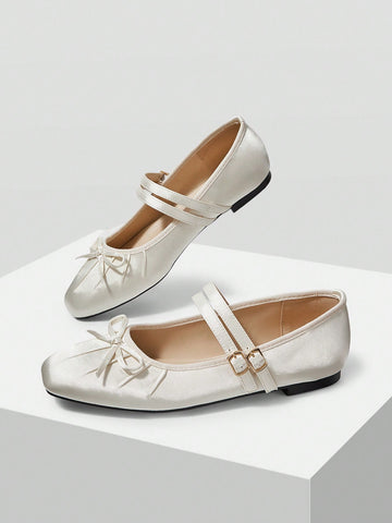 BOW DECOR DOUBLE BUCKLE STRAPS BALLET FLATS