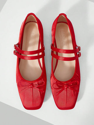 BOW DECOR DOUBLE BUCKLE STRAPS BALLET FLATS