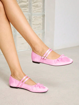 BOW DECOR DOUBLE BUCKLE STRAPS BALLET FLATS