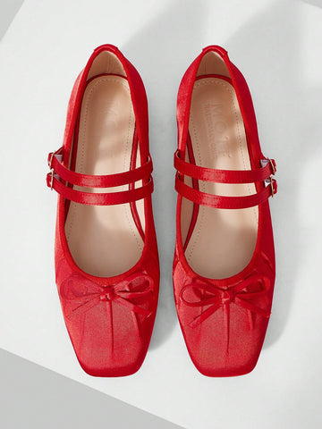 BOW DECOR DOUBLE BUCKLE STRAPS BALLET FLATS