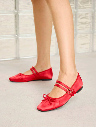BOW DECOR DOUBLE BUCKLE STRAPS BALLET FLATS