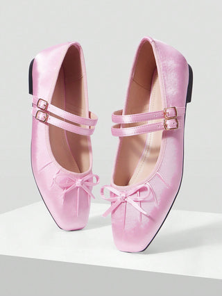 BOW DECOR DOUBLE BUCKLE STRAPS BALLET FLATS