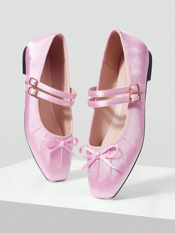 BOW DECOR DOUBLE BUCKLE STRAPS BALLET FLATS