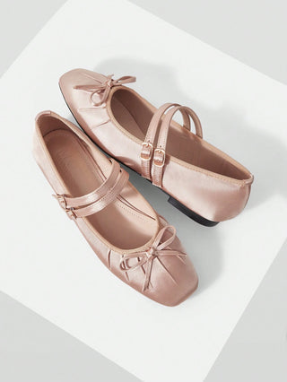 BOW DECOR DOUBLE BUCKLE STRAPS BALLET FLATS