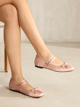 BOW DECOR DOUBLE BUCKLE STRAPS BALLET FLATS