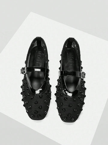 MOTF PREMIUM RHINESTONE DETAIL PU LEATHER FLATS