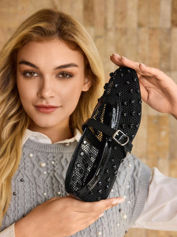 MOTF PREMIUM RHINESTONE DETAIL PU LEATHER FLATS