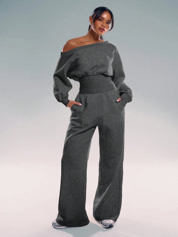 MUSERA Asymmetrical Shoulder Jogger Wide Leg Jumpsuit
