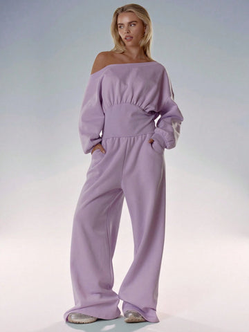 MUSERA Asymmetrical Shoulder Jogger Wide Leg Jumpsuit
