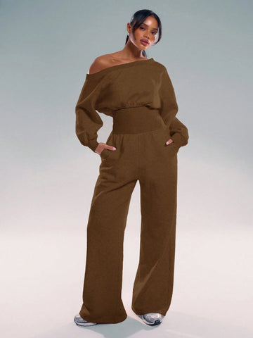 MUSERA Asymmetrical Shoulder Jogger Wide Leg Jumpsuit