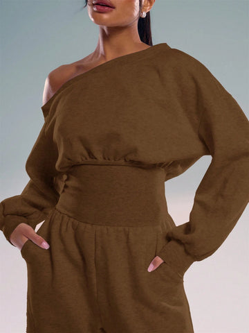 MUSERA Asymmetrical Shoulder Jogger Wide Leg Jumpsuit