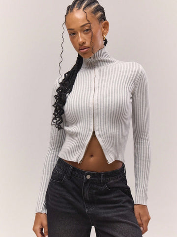 Ribbed High Neck Zip Up Top