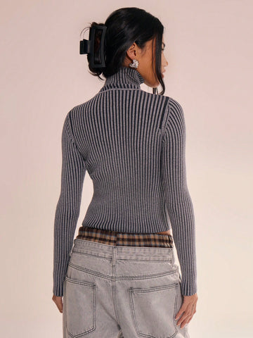 Ribbed High Neck Zip Up Top