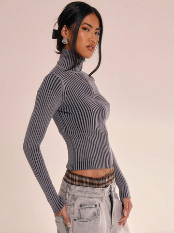 Ribbed High Neck Zip Up Top