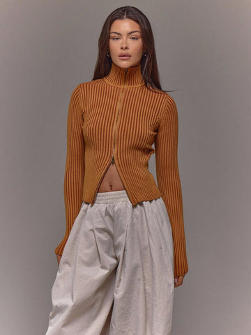 Ribbed High Neck Zip Up Top