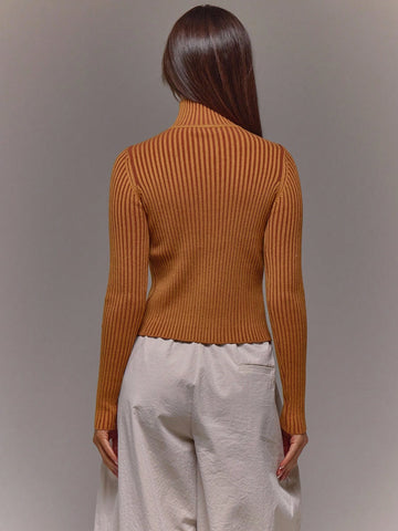 Ribbed High Neck Zip Up Top