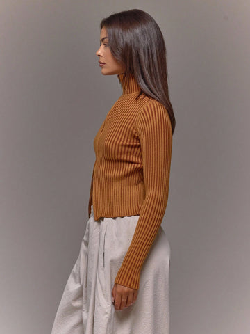 Ribbed High Neck Zip Up Top