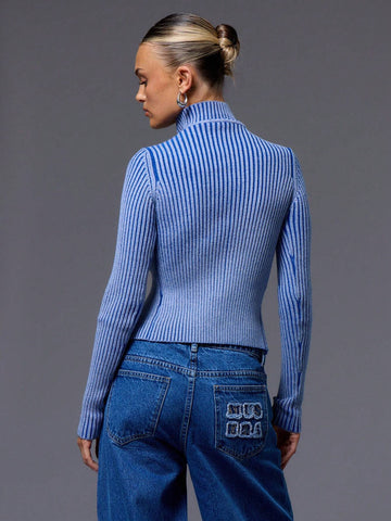 Ribbed High Neck Zip Up Top