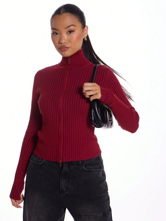 Ribbed High Neck Zip Up Top
