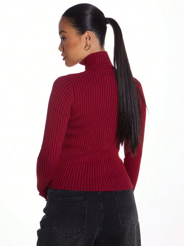 Ribbed High Neck Zip Up Top