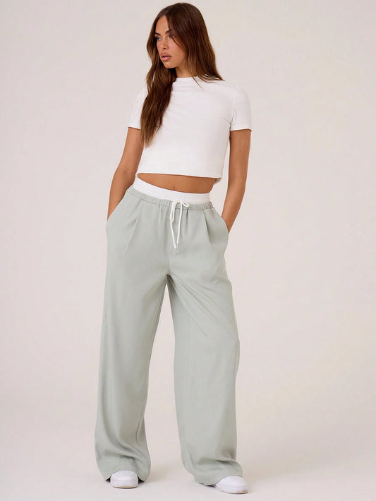 Woven Contrast Waistband Tailored Trousers