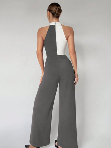 Maija Women's Color Block Asymmetrical Halter Jumpsuit
